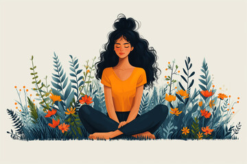 Meditative Woman in Lotus Pose Among Flowers. Serene woman with eyes closed in lotus pose, encircled by vibrant flowers.