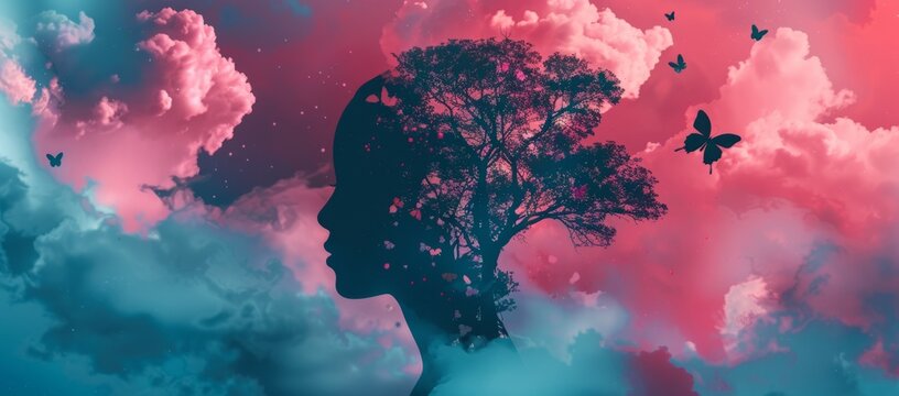 Silhouette of a head with a tree and butterfly inside, a double exposure concept for a mental health or cosmetics brand design Generative AI