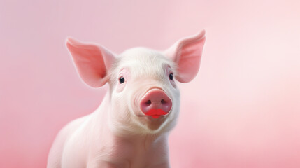 Portrait of a cute baby piglet with red lipstick on its mouth against a vibrant pink background. Lipstick on a pig.