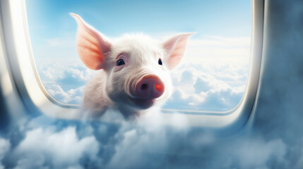 Portrait of a flying pig looking through the window of a commercial airliner with clouds and colorful sky in the background