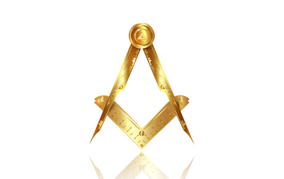 Gold freemasonry emblem, the masonic square and compass symbol. All seeing eye of god in sacred geometry triangle, masonry and illuminati symbol, round logo design element. vector isolated on white
