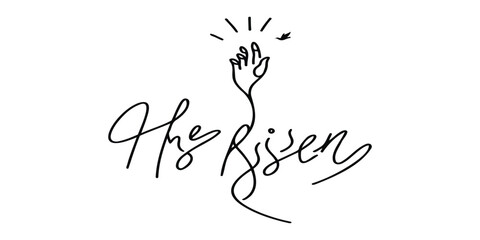 He is risen one continuous line simple minimalist lettering, black silhouette on a transparent background, vector drawing for the Easter holiday