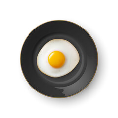 Vector 3d Realistic Fried Egg on a Black Dish Plate Closeup Isolated in Top View. Design Template of Scrambled Eggs, Fried Egg, Omelette. Delicious Breakfast, Food, Culinary Concept