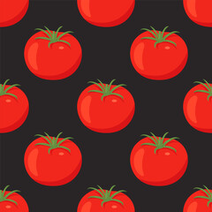 Flat Vector Seamless Pattern with Fresh Tomato on a Black Background. Seamless Vegetable Print with Whole Tomatoes