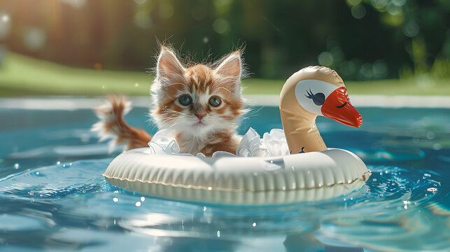 a photo of a realistic kitten that wears swimming suit with ruffles is swimming with a swan floatie in a pool. Sunny day.