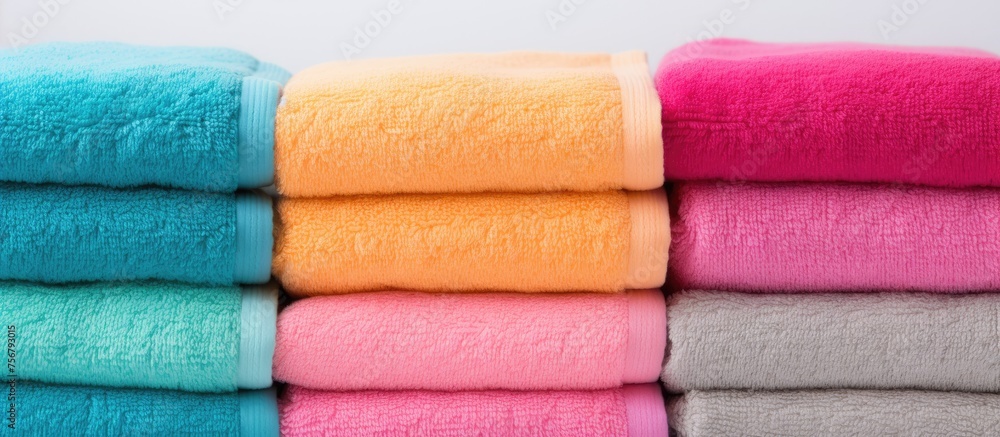 Poster a colorful display of towels in various tints and shades stacked on top of each other on a wooden su