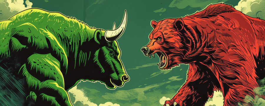 Illustration of a green bull vs. a red bear, concept of the bull market vs. bear market in the stock market and cryptocurrency