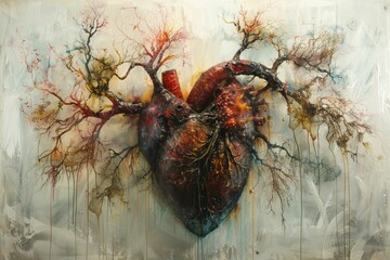 An intricate network of arteries extends from a heart, connecting diverse communities, symbolizing universal health access on a blank canvas.
