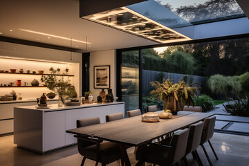 Open plan kitchen with dining table outside. Modern house. Generative AI tools - obrazy, fototapety, plakaty