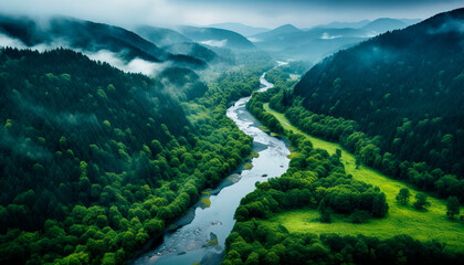 ecological river plants forest mountains top view quadcopter ecological earth day hour ecosystem water oxygen - obrazy, fototapety, plakaty