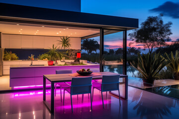 Open plan kitchen with dining table outside. Modern house. Evening dinner. Generative AI tools