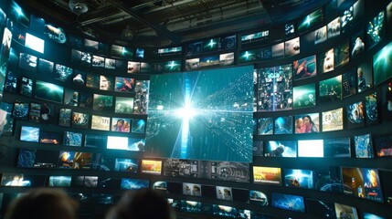 many screens in the middle, random arrangement of screens cinematic lighting,neon, cinematic composition, photorealistic