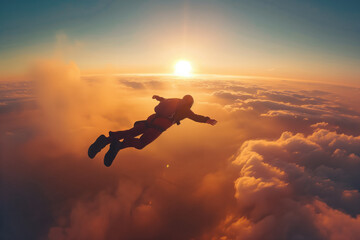 Skydiver in action, parachuter free falling between the clouds, amazing sunset in the background. Extreme sport.