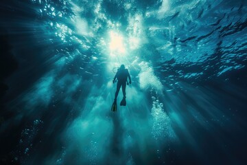 Silhouette of the diver under the sea. The sun's rays are visible under the water. - obrazy, fototapety, plakaty
