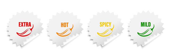 Realistic Vector Round Stickers with Spicy Chili Pepper Icon, Food Spicy Level. Red, Orange, Yellow, Green Jalapeno Pepper Strength Scale Sticker Indicators with Mild, Spicy, Hot and Extra Positions