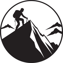 Scaling Success: Mountain Climber Black Logo Design Thrill Triumph: Man Climbing Mountain Vector Icon in Black - obrazy, fototapety, plakaty