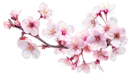 The natural colors of sakura on the flower stalk are isolated on a transparent background.
