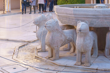 Famous moorish Lion Fountain inside Alhambra Palace, Granada, Andalusia, Spain