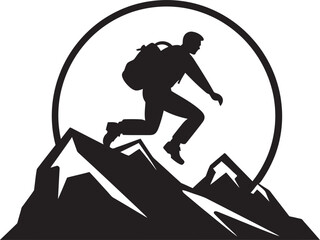 Summit Seeker: Mountain Climber Black Logo Icon Climb Conquer: Man Climbing Mountain Vector Design