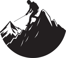 Summit Ascent: Man Climbing a Mountain Vector Black Logo Icon Peak Pursuit: Mountain Climber Logo Design in Vector Black