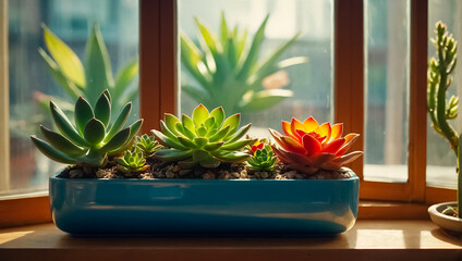 flowerpot with beautiful succulents on the windowsill at home natural