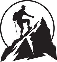 Thrill of Triumph: Man Climbing a Mountain Vector Icon in Black Summit Seeker: Mountain Climber Black Logo Icon - obrazy, fototapety, plakaty