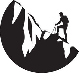 Scaling Success: Mountain Climber Black Logo Design Thrill of Triumph: Man Climbing a Mountain Vector Icon in Black - obrazy, fototapety, plakaty