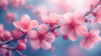 Soft focus spring flower background with pink cherry blossoms and bokeh effect, for a backgrounds on websites related to nature, gardening, floral design, or wellness.