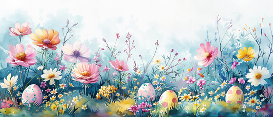 Fototapeta na wymiar Vibrant Easter background floral painting with decorative eggs among spring blossoms.