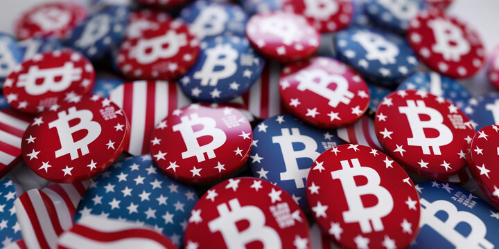 A collection of badges featuring the Bitcoin logo over an American flag design, symbolizing crypto patriotism