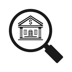 Magnifying glass icon with bank. Illustration