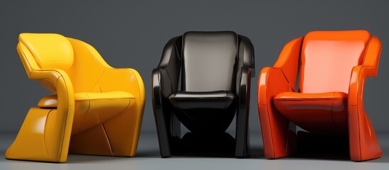 Three chairs, one yellow, one black, and one orange, are placed side by side. The colors resemble Amber, Electric blue, and Plastic, creating a vibrant and playful atmosphere