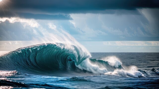 a large wave like a whirlwind on the sea. The strength and power of nature. Adrenaline and danger during a sea adventure. The idea of traveling and surviving in unpredictable conditions