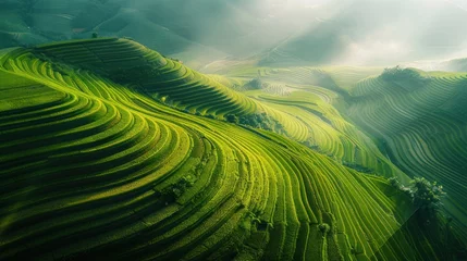 Papier Peint photo autocollant Rizières Terraced rice fields, showcase the beauty of agricultural landscapes from an aerial perspective. 