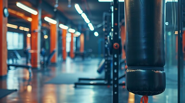 A punching bag hangs alone in an empty gym setting. Close-up of a punching bag awaiting energy from its users. Robust textured punching bag.