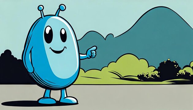 A blue cartoon blob monster pointing to an empty open spot. 