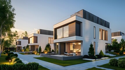 Modern modular private townhouses. Residential minimalist architecture exterior.  - obrazy, fototapety, plakaty