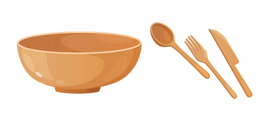 Zero waste eco wooden tableware includes fork, spoon, knife and bowl.
