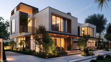 Fototapeta na wymiar Modern modular private townhouses. Residential minimalist architecture exterior. 