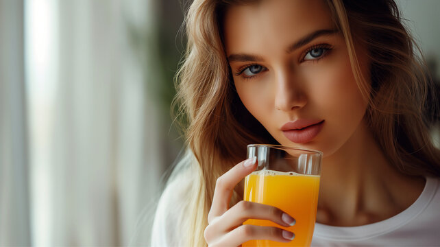 young woman drinking carrot juice