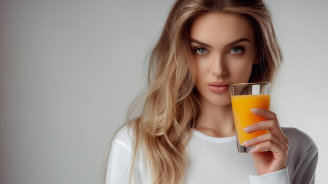 young woman drinking carrot juice 