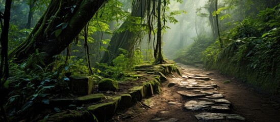 A winding path weaves through a dense forest with towering trees, lush greenery, and a carpet of...