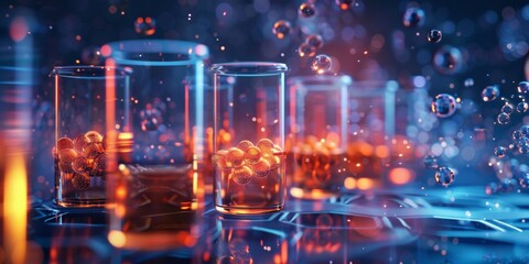 A close up of a table with a few glasses of liquid and a few small balls in them - stock background.