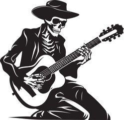 Haunting Harmonies: Skeleton Guitarist Vector Black Logo Melodic Bones: Skeleton Playing Guitar Black Logo Icon