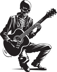 Melodic Bones: Skeleton Playing Guitar Black Logo Icon Skeletal Serenade: Guitar-Playing Skeleton Vector Design