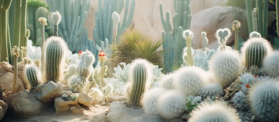 Cultivating a desert cactus with white fluffy spines in a tropical garden.