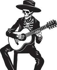Macabre Musician: Skeleton Playing Guitar Logo Icon Design Haunting Harmonies: Skeleton Guitarist Vector Black Logo