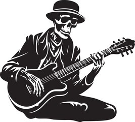 Eerie Melodies: Skeleton Guitarist Vector Black Logo Bone Strings Symphony: Skeleton Playing Guitar Logo Design