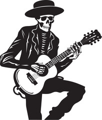 Undead Jam Session: Skeleton Vector Black Logo Icon Macabre Musician: Skeleton Playing Guitar Logo Icon Design