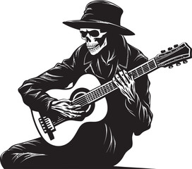 Macabre Musician: Skeleton Playing Guitar Logo Icon Design Haunting Harmonies: Skeleton Guitarist Vector Black Logo